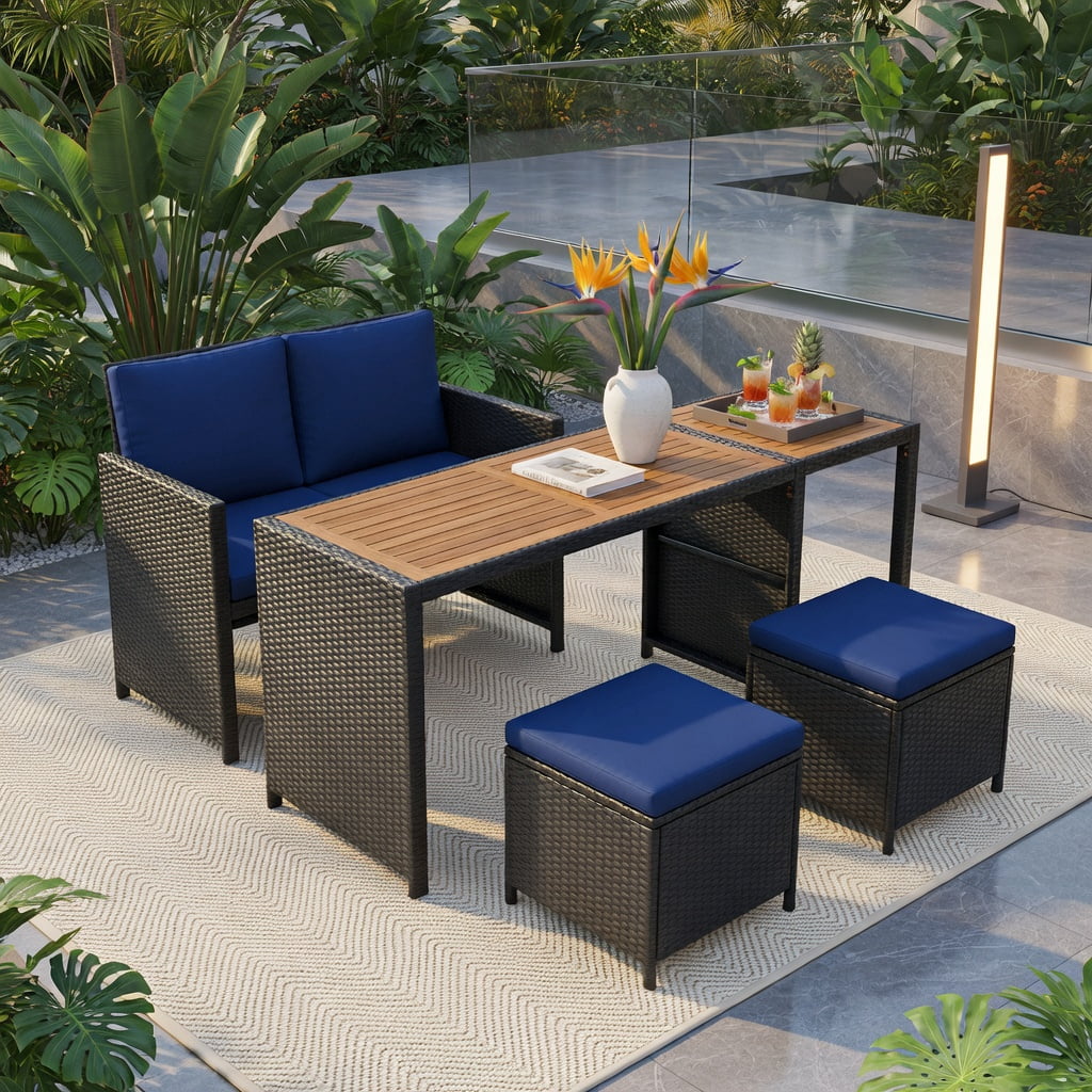 Hommoo 4-Piece Outdoor Dining Set, Acacia Wood Table, PE Rattan Loveseat & 2 Matching Ottomans for Patio, Backyard, Poolside, Navy