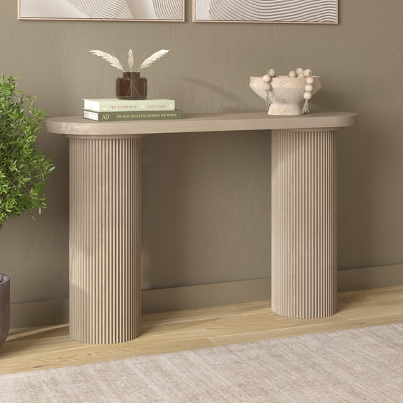 Evelyn&Zoe Isa 55" Wide Oval Fluted Console Table in Alder White