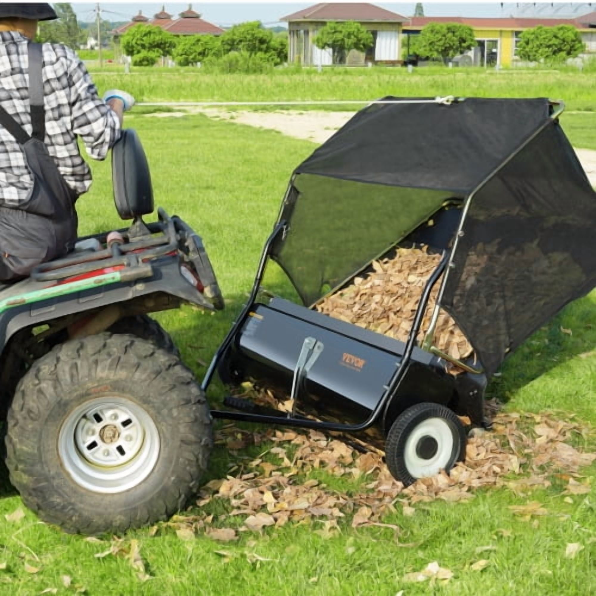 Foldable Tow Behind Lawn Sweeper, Adjustable Brush Height Leaf Grass Collector with 26 Cu.Ft Non-Woven Hopper Bag