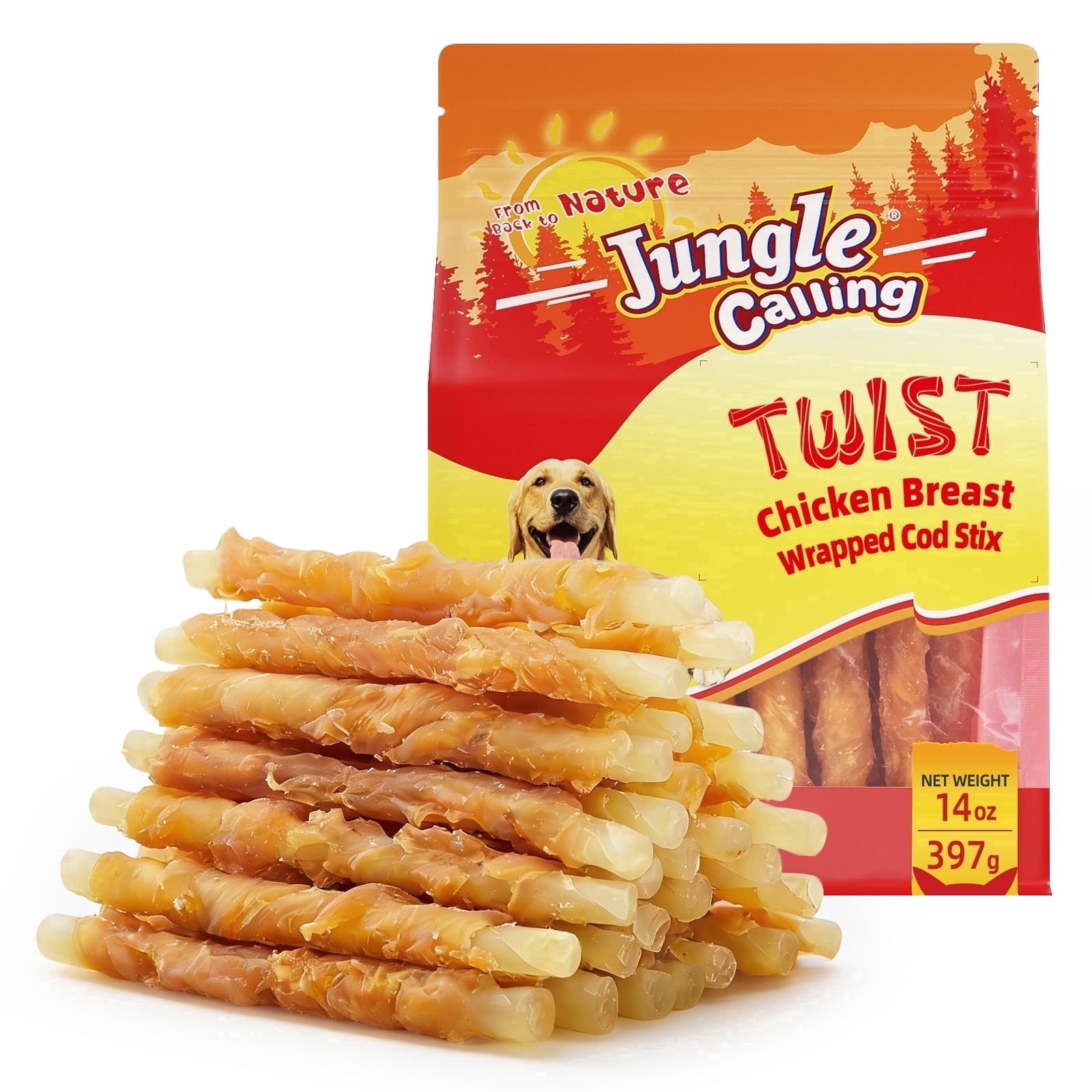 (4 pack) Jungle Calling Chicken Wrap Cod Sticks Rawhide-Free Dog Treats, 14-oz bag