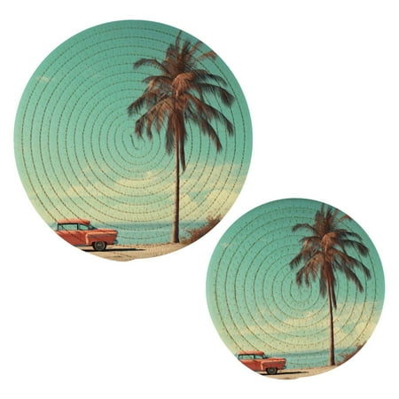

Retro Car on Palm Tree Beach Pot Holders Set Trivets Hot Pads Cotton Mats for Cooking