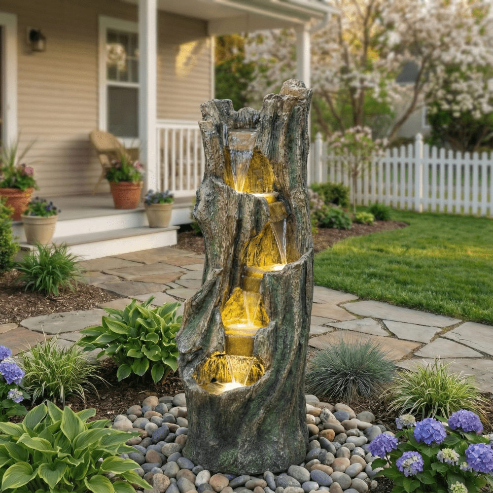 39.4" Tall Tree Trunk Cascading Outdoor Water Fountain with LED Lights, Water Feature Decor for Patio Yard Backyard Garden