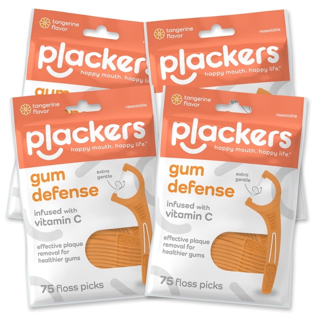 Plackers Gum Defense Hilo dental con palillo, vitamina C, mandarina, 4 x 75