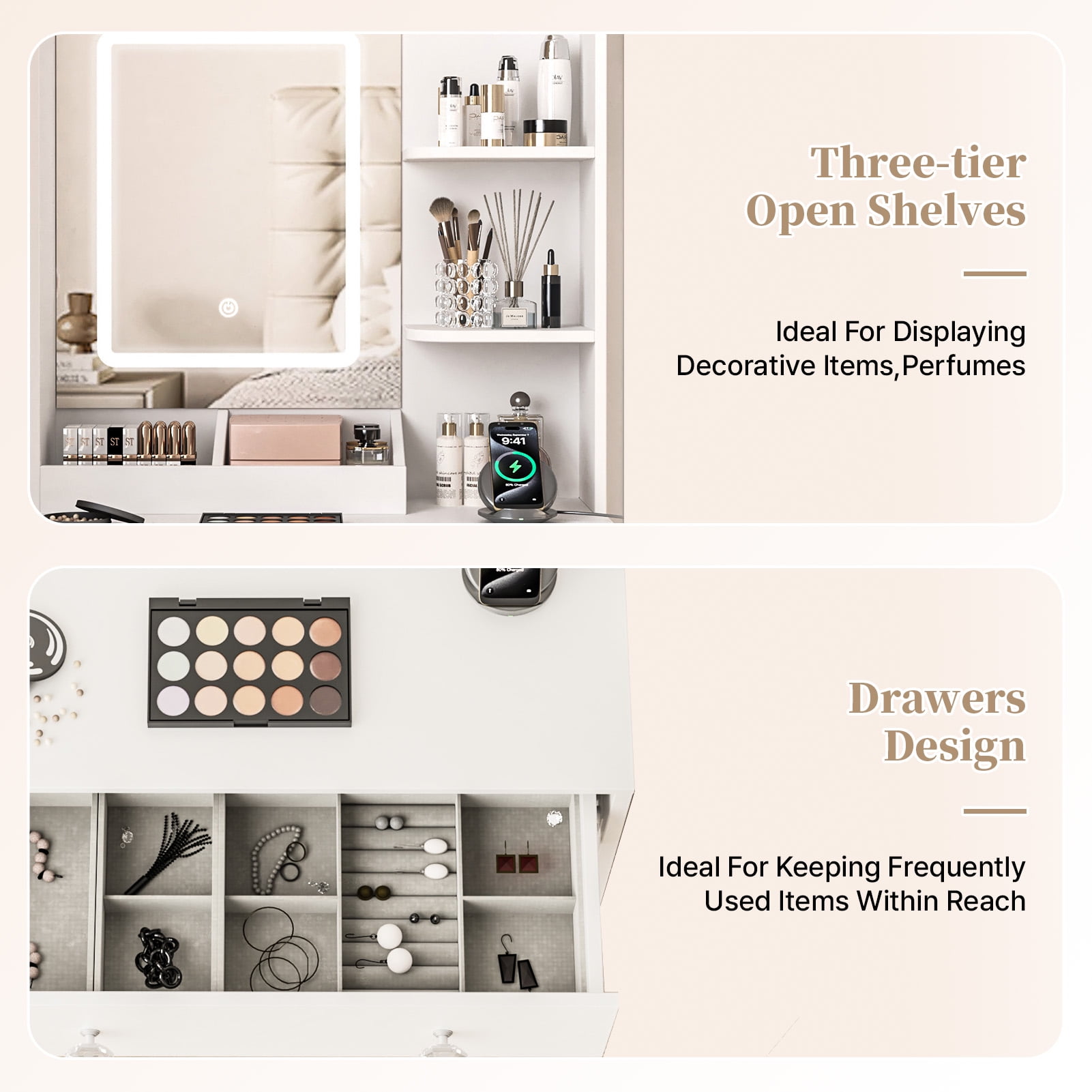 Satifur Vanity Desk with Mirror & Lights, GRWM Vanity with Drawers & Storage Shelves, Makeup Dressing Table with Charging, White