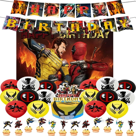 Deadpool and Wolverine cartoon theme birthday party supplies decorations including birthday banners, backdrops, balloons, cake inserts suitable for children's parties
