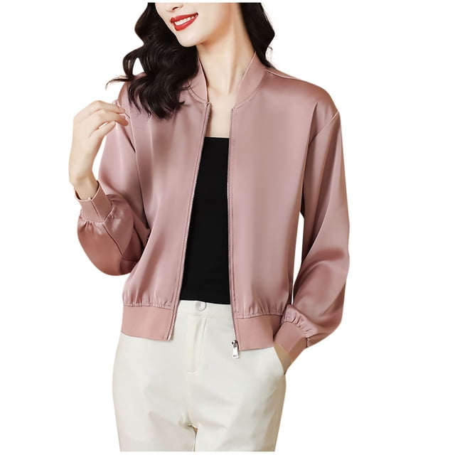 GreatBaby Blouses Courtes Mode pour Femmes Automne Confortables Manches Longues Élastiques Col Rond Fermeture Éclair Tissu Léger (Rose, TG)