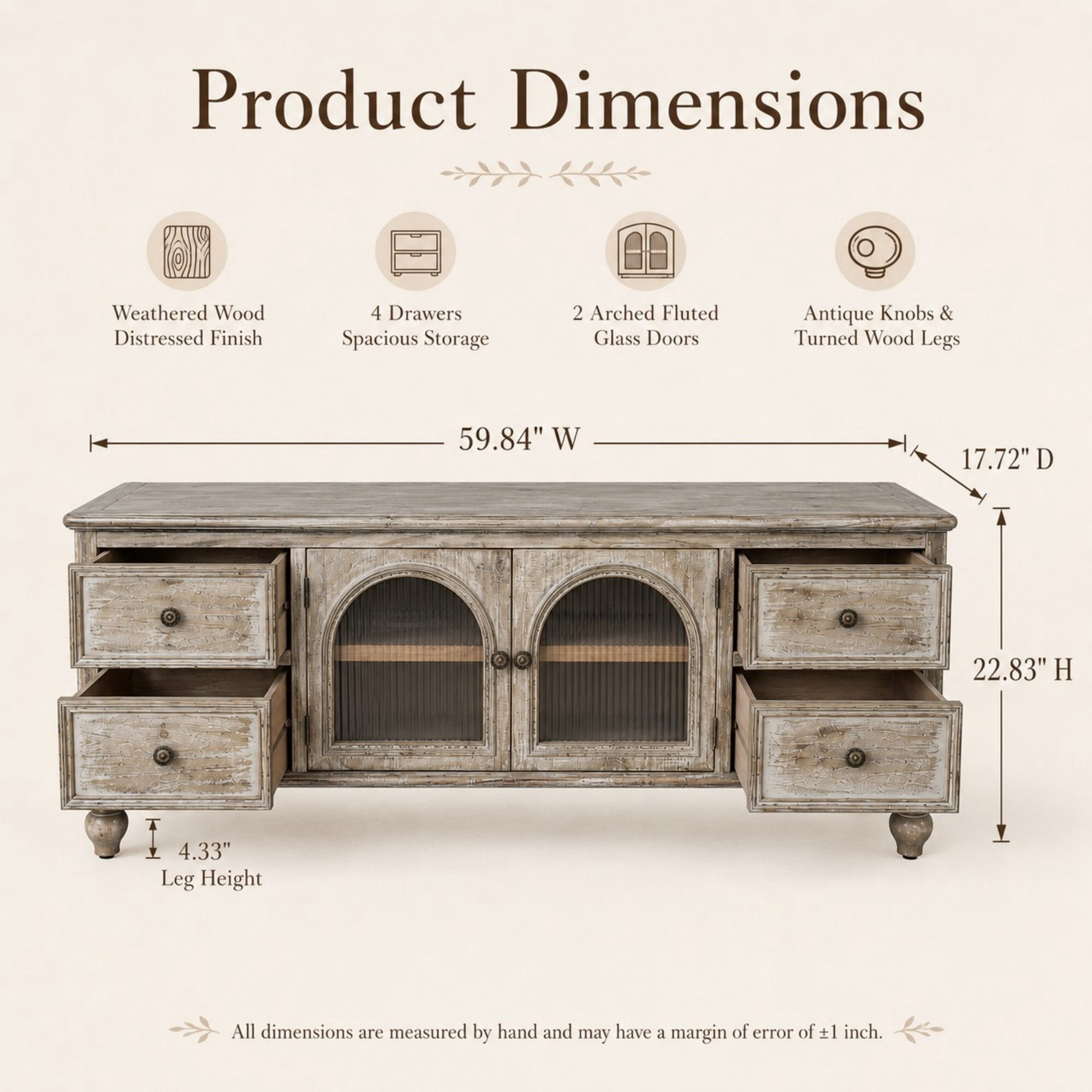 AENKYO 60 Inch Farmhouse TV Stand with 4 Drawers & 2 Glass Doors, Rustic Media Console – Gray Wash