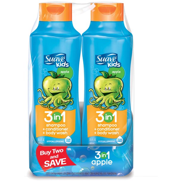 Suave Kids Apple 3 in 1 Shampoo Conditioner and Body Wash 22.5 oz, Twin
