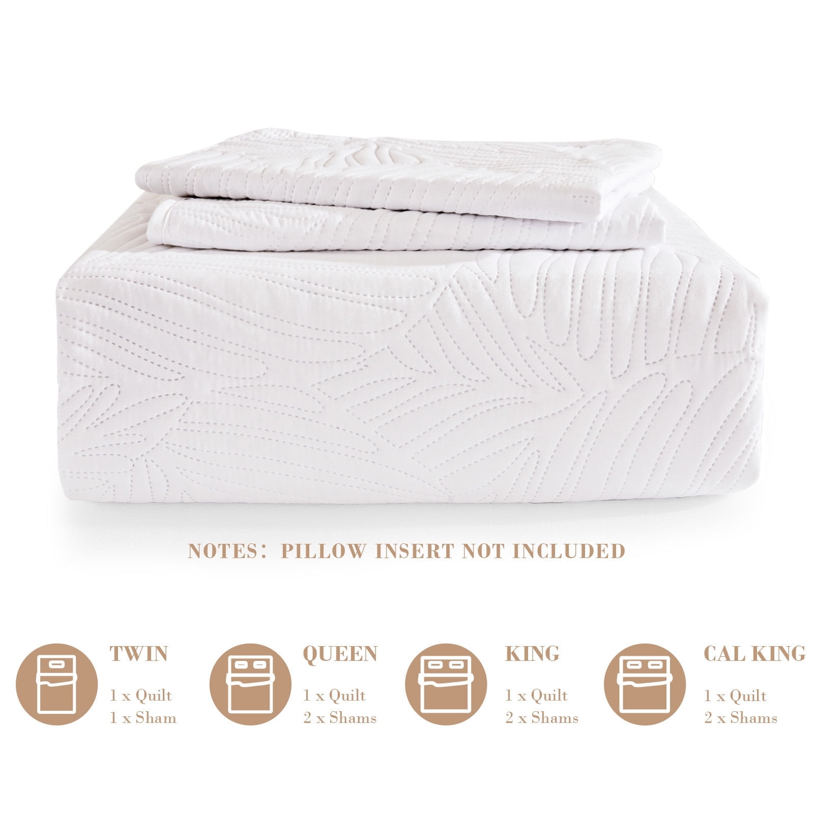 Exclusivo Mezcla Ultrasonic King Size Quilt Set White, 3 Pieces Lightweight Bedspread Leaf Pattern Bed Cover Soft Microfiber Coverlet Bedding Set for All Seasons