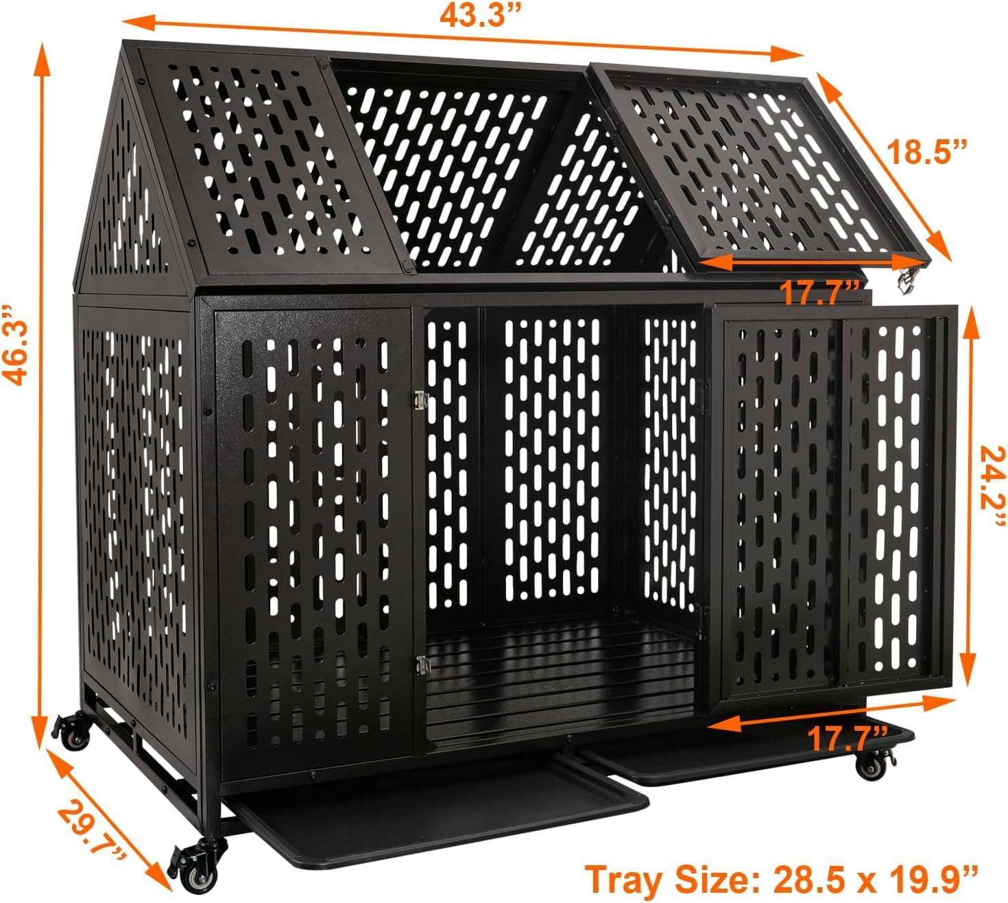 Ufyerutg 45'' Indestructible Heavy Duty Dog Crate, Escape Proof Strong Steel Impact Pet Cage for Large Medium Dogs, High Anxiety Sound Proof Chewproof Kennel Double Door with Trays and Wheels