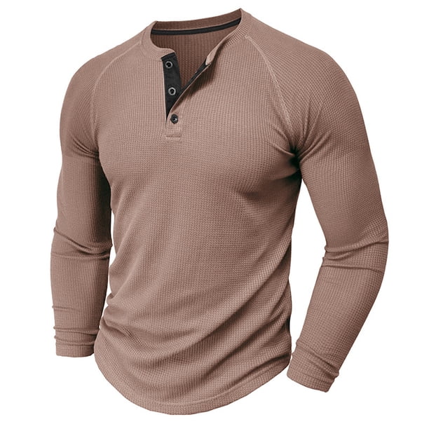 pstuiky Camisas de manga larga abrigadas para hombre, Camisa informal de manga larga con cuello redondo y botones de color liso para hombre Tops casuales para hombres xl