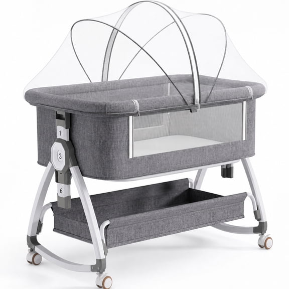 Chastar Bassinet Bedside, Portable Baby Crib with 6 Adjustable Heights and Breathable Mesh Panels, Foldable, Gray