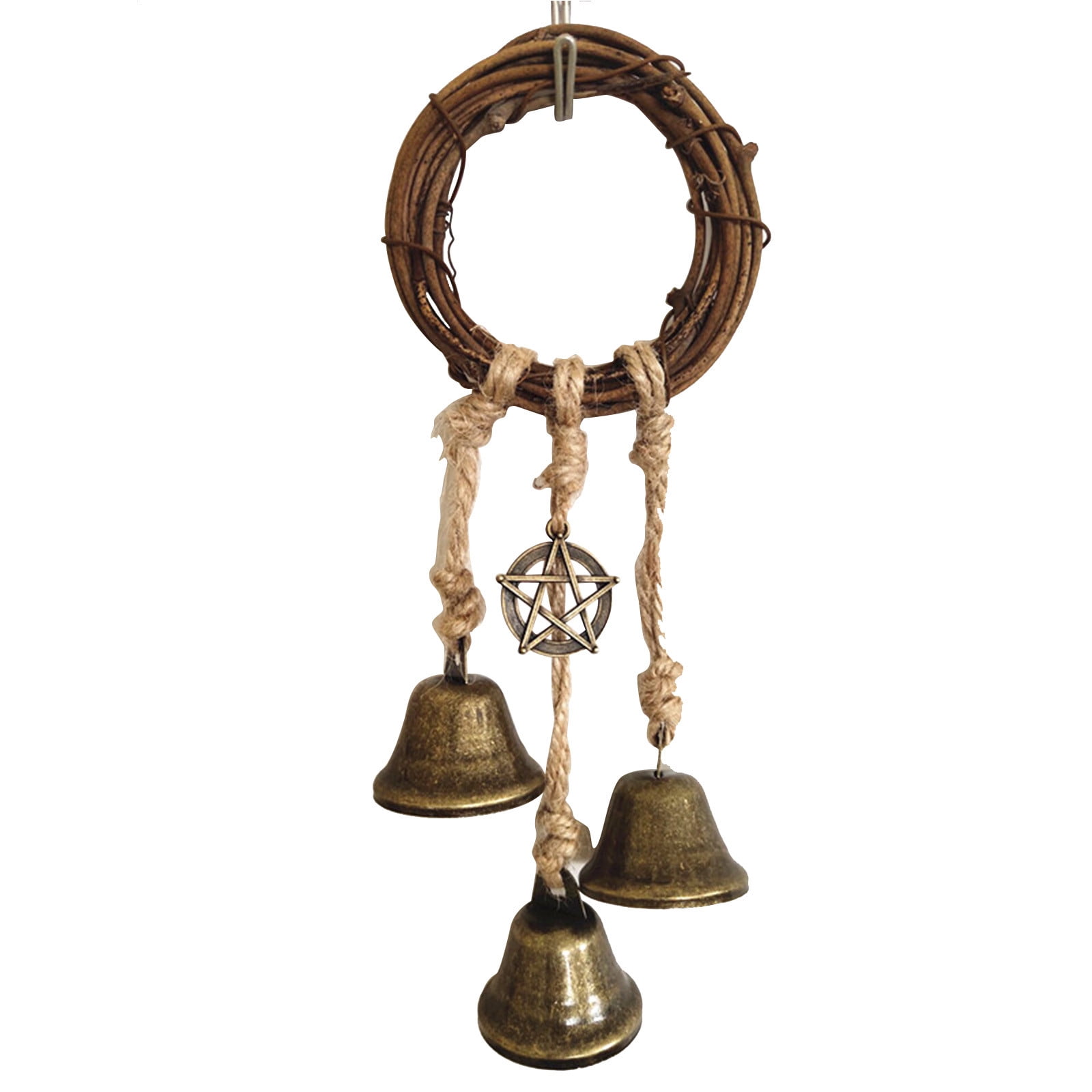 Set of 2 Brass Wall Hanging Bells Home Temple 3 x 4 Inch- Chain Length 20  Inch