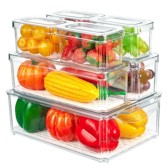 Vtopmart Set of 7 Refrigerator Organizer Bins, Fruit Containers for Fridge with Drain Tray for Vegetables, Food, Drinks