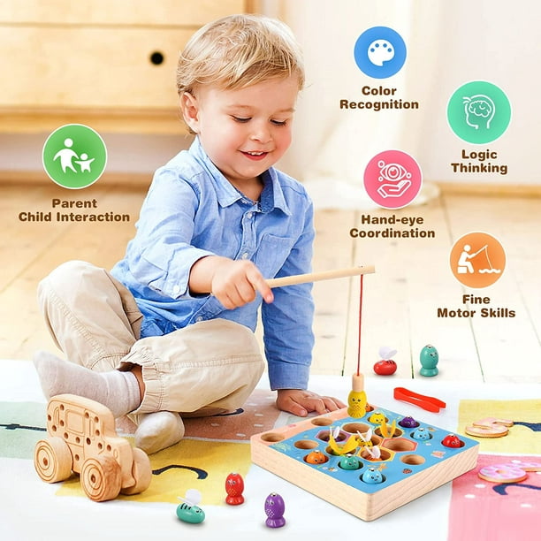 Seagoal Wooden Fishing Game, Magnetic Fishing Game 3 in 1 Montessori Toy