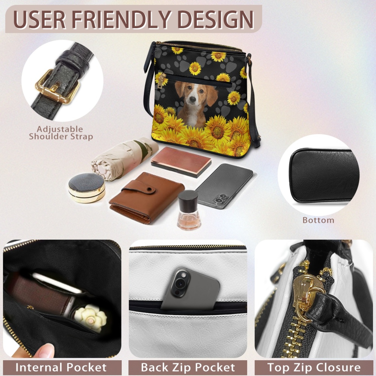 LedBack Dachshund Print Leather Satchel Purse for Women, Portable Crossbody Handbag Purse Shoulder Bag with Adjustable Strap, Medium Size Hobo Handbag with Zipper Pockets, Black
