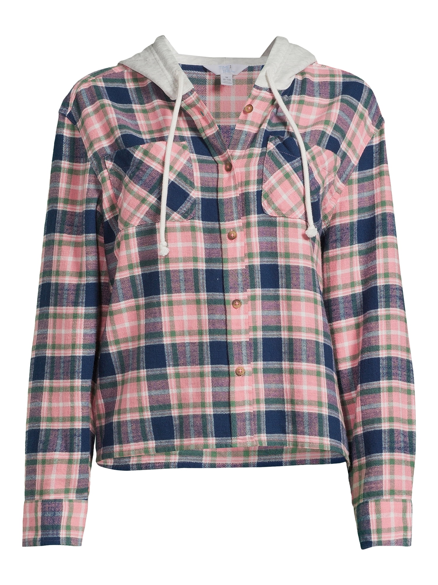 Time and Tru Women's Hooded Crop Flannel Shirt, Sizes XS-XXXL