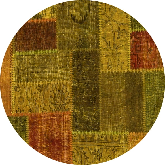 Ahgly Company Machine Washable Indoor Round Patchwork Yellow Transitional Area Rugs, 5' Round