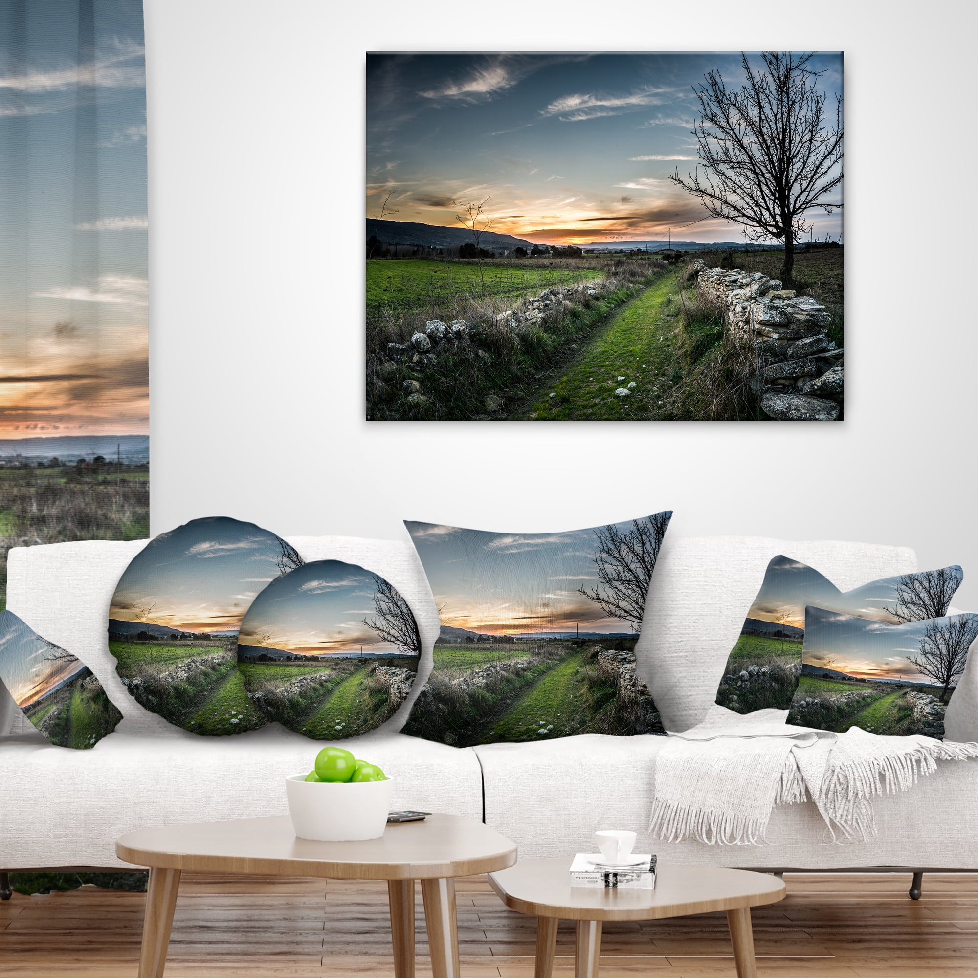 Designart Rocky Fences in Green Grassland - Landscape Printed Throw Pillow - 16x16