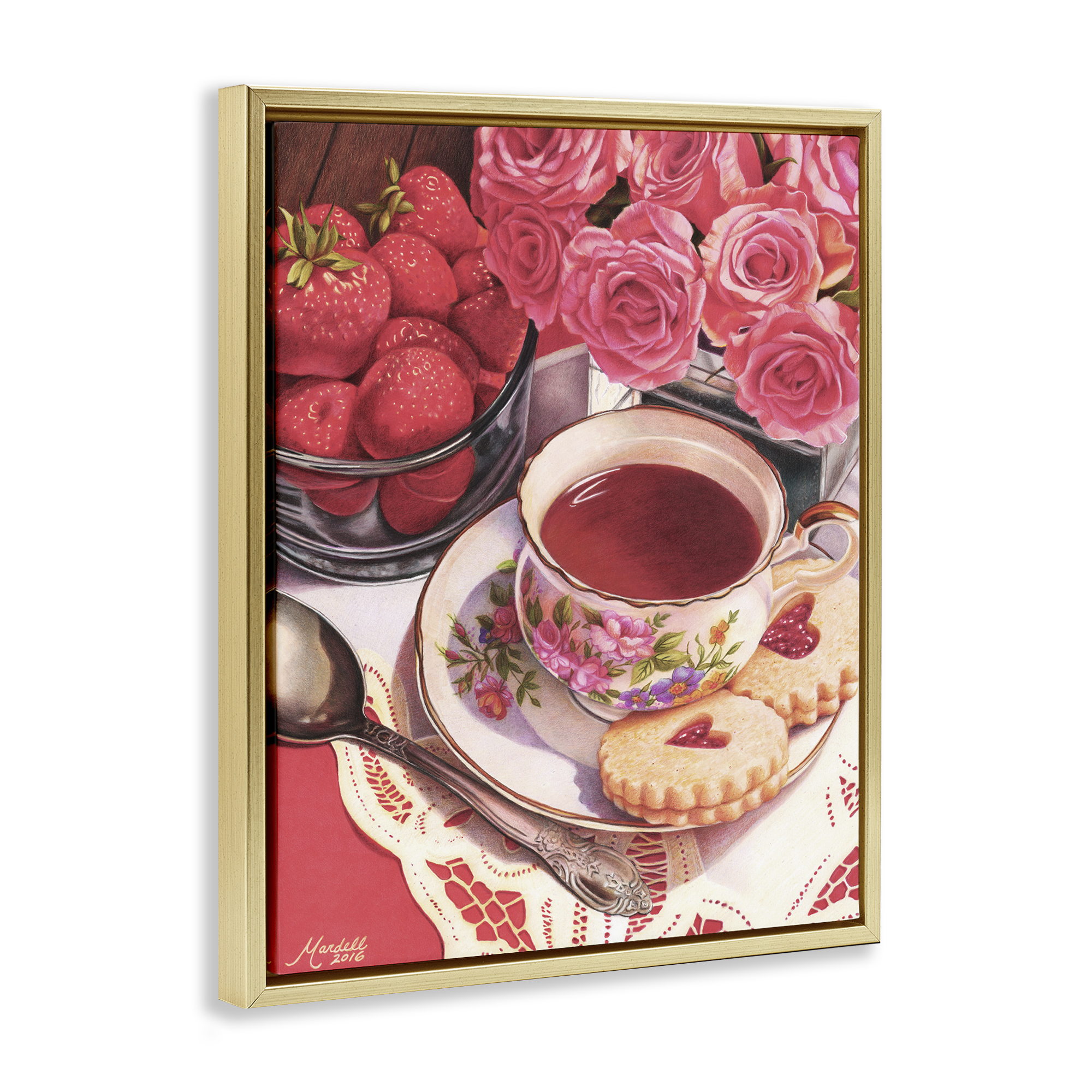 Stupell Industries Valentine's Day Tea Food & Beverage Painting Gold Floater Framed Art Print Wall Art, 17 x 21