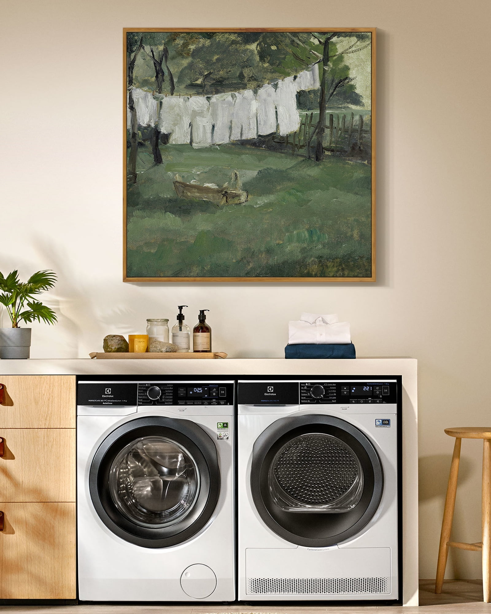 Drsoum Large 24x24in Natural Framed Vintage Landscape Canvas Wall Art Laundry Room Classic Wall Prints Modern Farmhouse Bathroom Office Decor