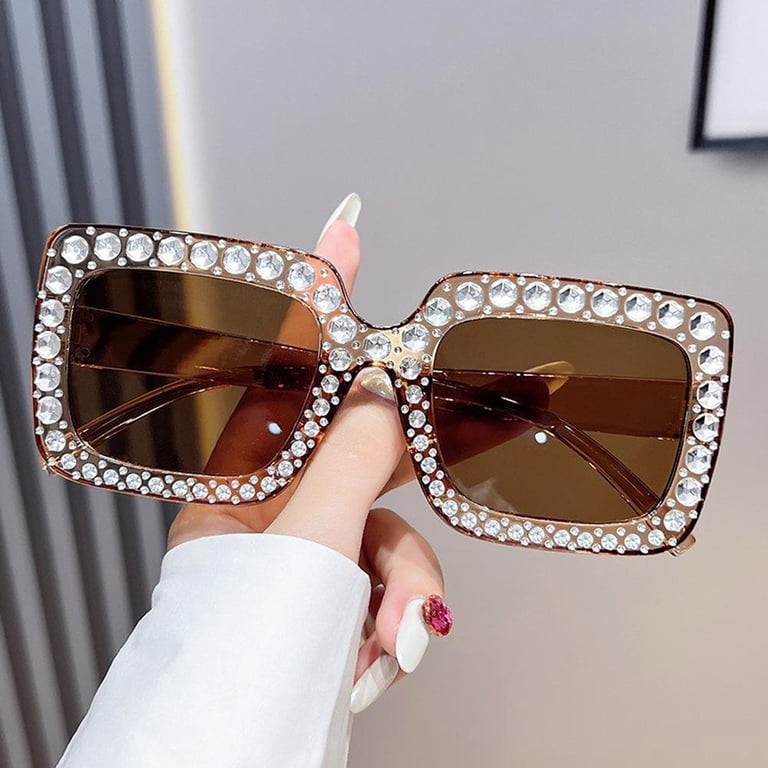 Oversized Square Crystal Sunglasses Thick Frame Bling Rhinestone Sparkling Amazon.com: mincl Oversized Sparkling Crystal Rhinestone  main image 4