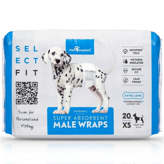20ct Paw Inspired Select Fit Disposable Male Diapers, Belly Bands Wraps with Wetness Indicator and Extended Absorbent Core (X-Small)