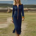 thumbnail image 2 of ZQUUVOU Women's Bodycon Midaxi Gown V Neck Long Sleeve Zipper Front Fringe Hem Side Slit Dress for Evening Party Navy, 2 of 8