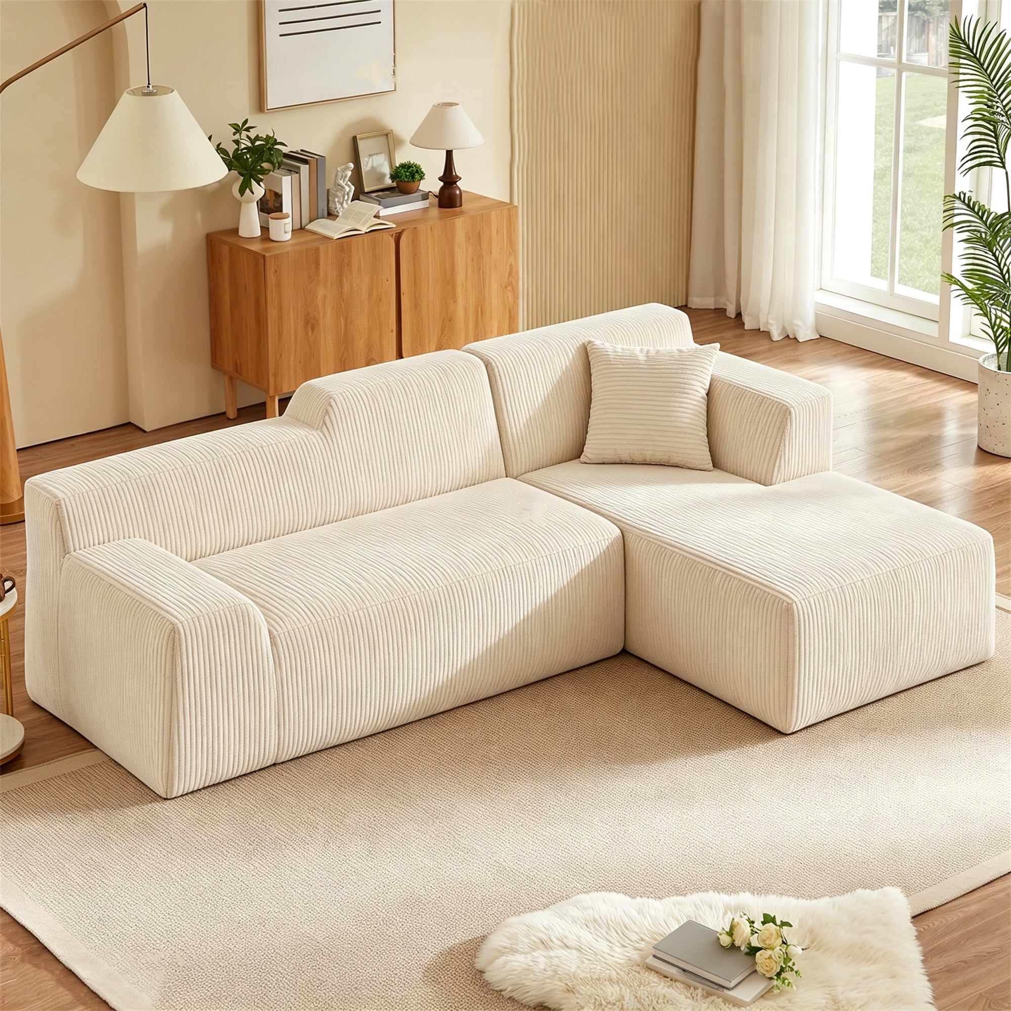 Aukfa 97" Cloud Sectional Sofa Tight Back Boneless Couch Modular L-Shaped Couch, Right Chaise Corduroy Sofa for Living Room, Beige