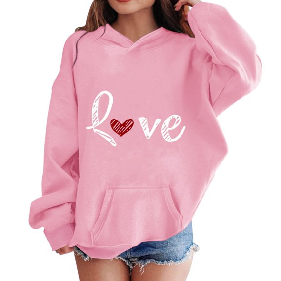 GiLiling Girls Love Print Hoodie Sweatshirt, Oversized Long Sleeve Hooded Pullover Top, Casual Daily School Wear for Autumn Winter (Pink, 9-10 Years)