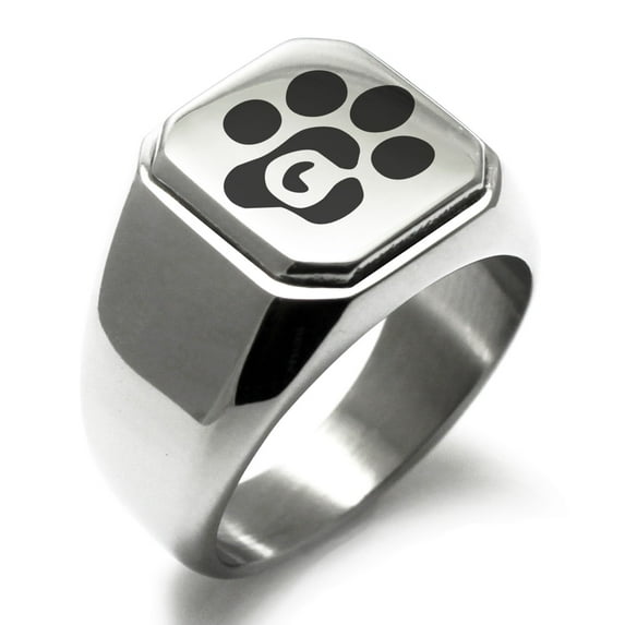 Stainless Steel Letter Q Initial Cat Dog Paws Monogram Engraved Engraved Square Flat Top Biker Style Polished Signet Ring