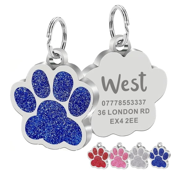 Personalized Dog Tags and Cat Tags, Custom Text Engraved, Glitter Paw Print Pet ID Tags