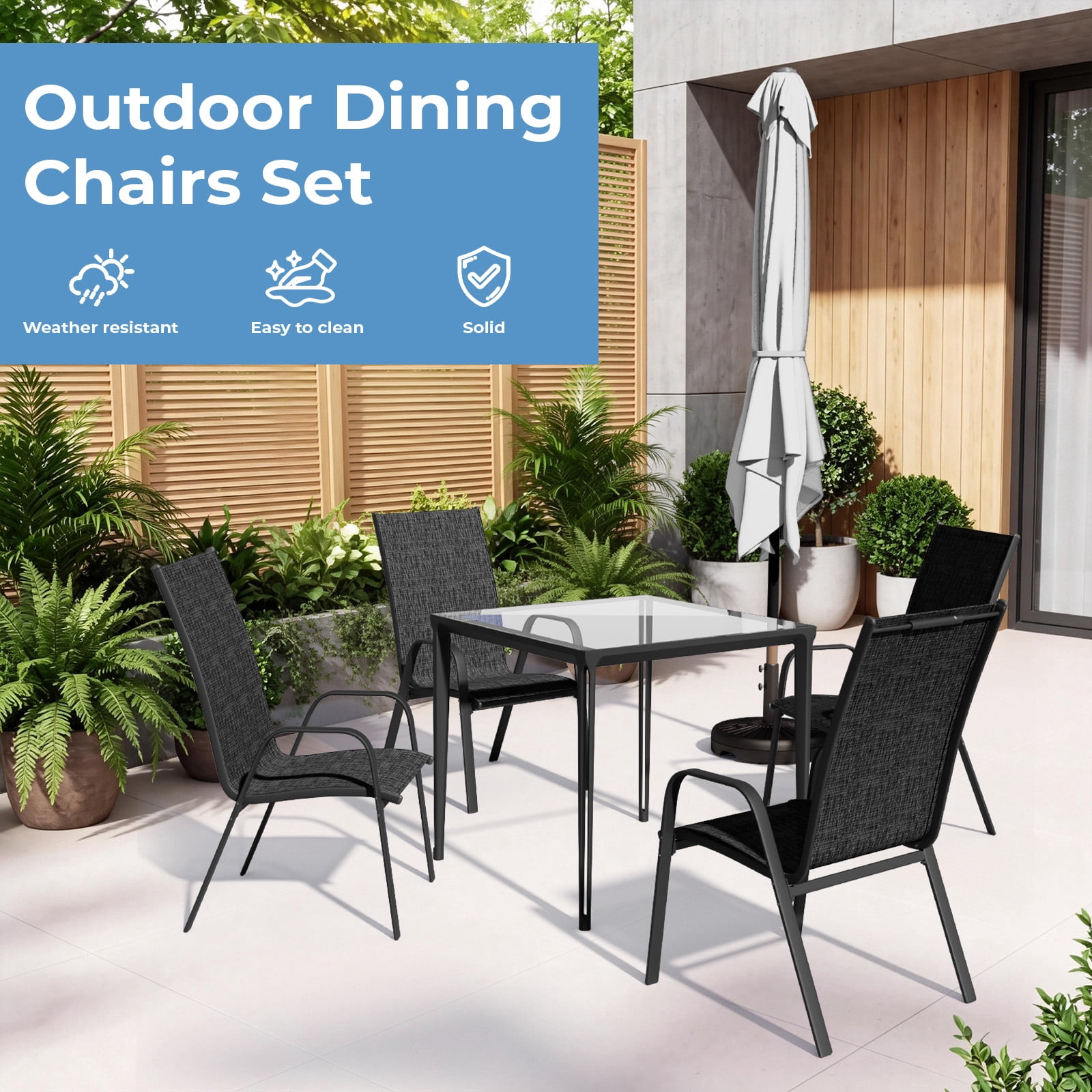 FUNDAZE Outdoor Dining Chairs Set of 4, Patio Dining Chair Stackable Armrest Patio Chairs Space Saving for Garden Backyard Deck, Black