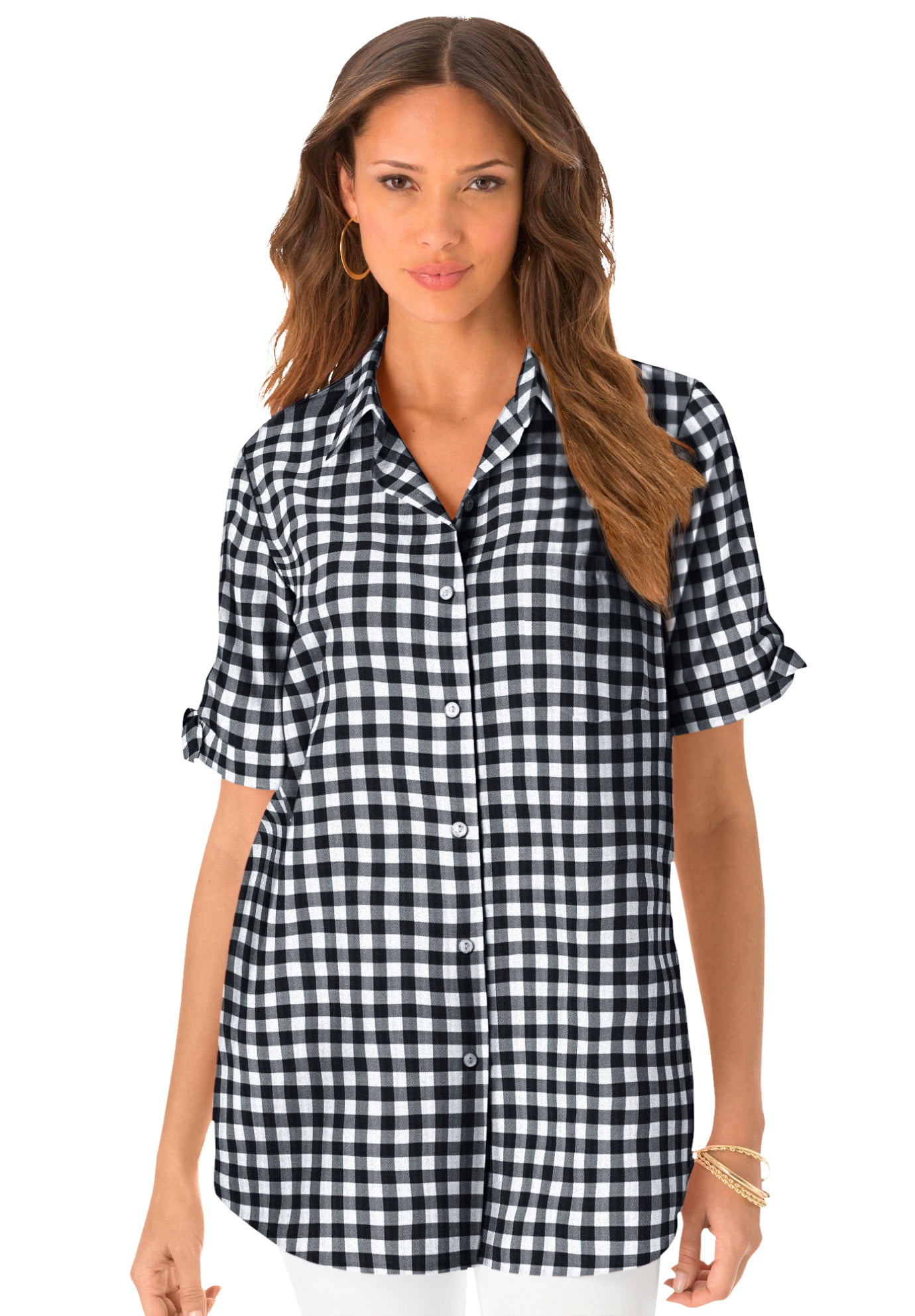 Roaman's Women's Plus Size French Check Big Shirt Shirt - Walmart.com