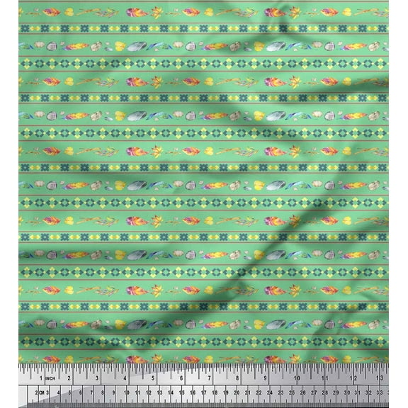 Soimoi Green Cotton Voile Fabric Stripe,Stone & Leaves African Print Fabric by the Yard 42 Inch Wide