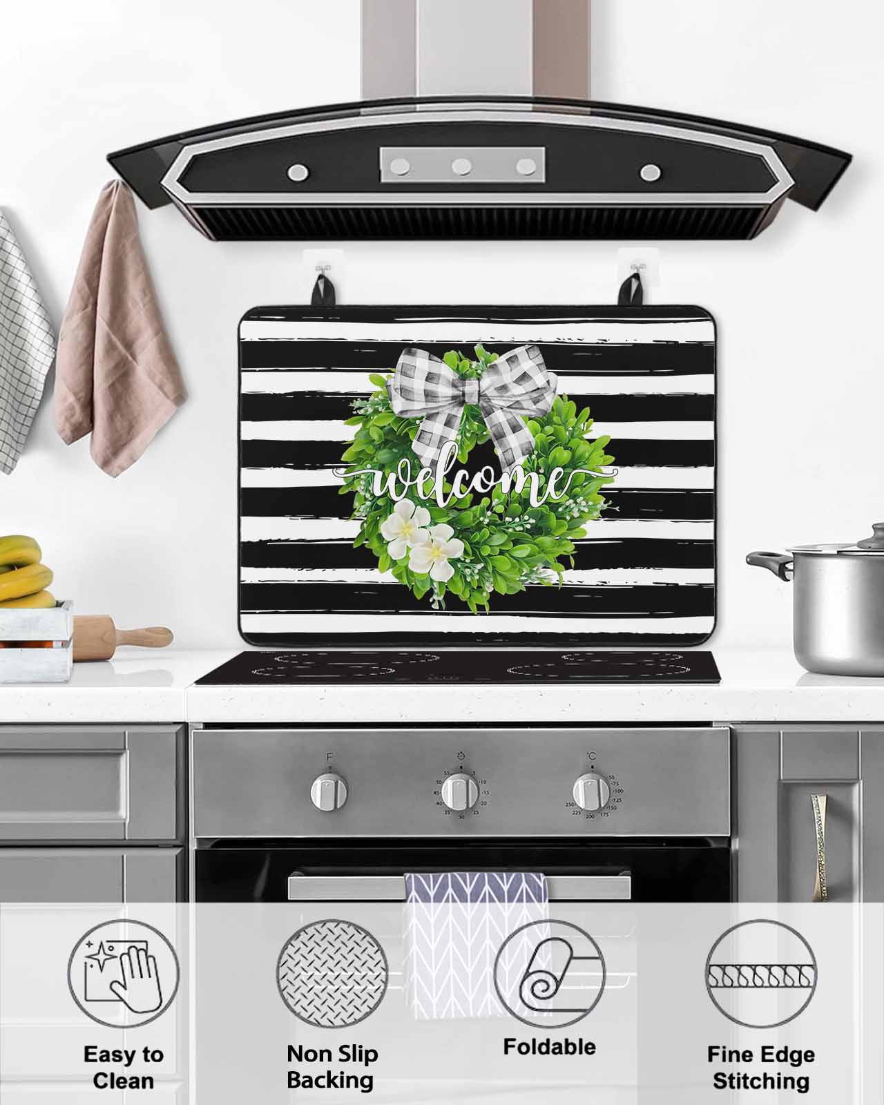 Large Induction Cooktop Protector Mat Flower Wreath Stove Top Covers for Electric Stove, Farmhouses Bow-Knot Black Stripes Decorative Stove Burner Cover Mats, Glass Top Stove Cover