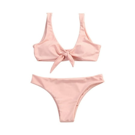 Womens Swimsuits Solid Color Lace Up Front Strappy Bra And Panty Set Split Two Piece Tankini Swimsuits For Women Swimwears Bathing Suits Pink L