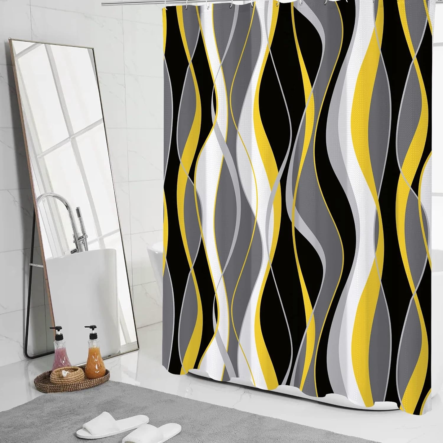 Black and Yellow Shower Curtain, Abstract Modern Grey and Yellow Bathroom Decor Accessories, Waffle Weave Textured Fabric Shower Curtain Set with Hooks, 72x72