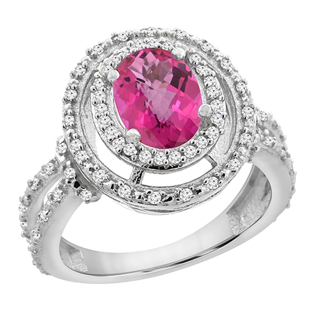 14K White Gold Natural Pink Topaz Ring Oval 8x6 mm Double Halo Diamond, size 5 by Gabriella Gold