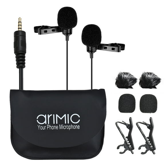 ARIMIC Dual-Headed Lavalier Lapel Clip-on Omnidirectional Condenser Microphone Mic Cable Length 4.9ft for Smartphone DSLR Camera