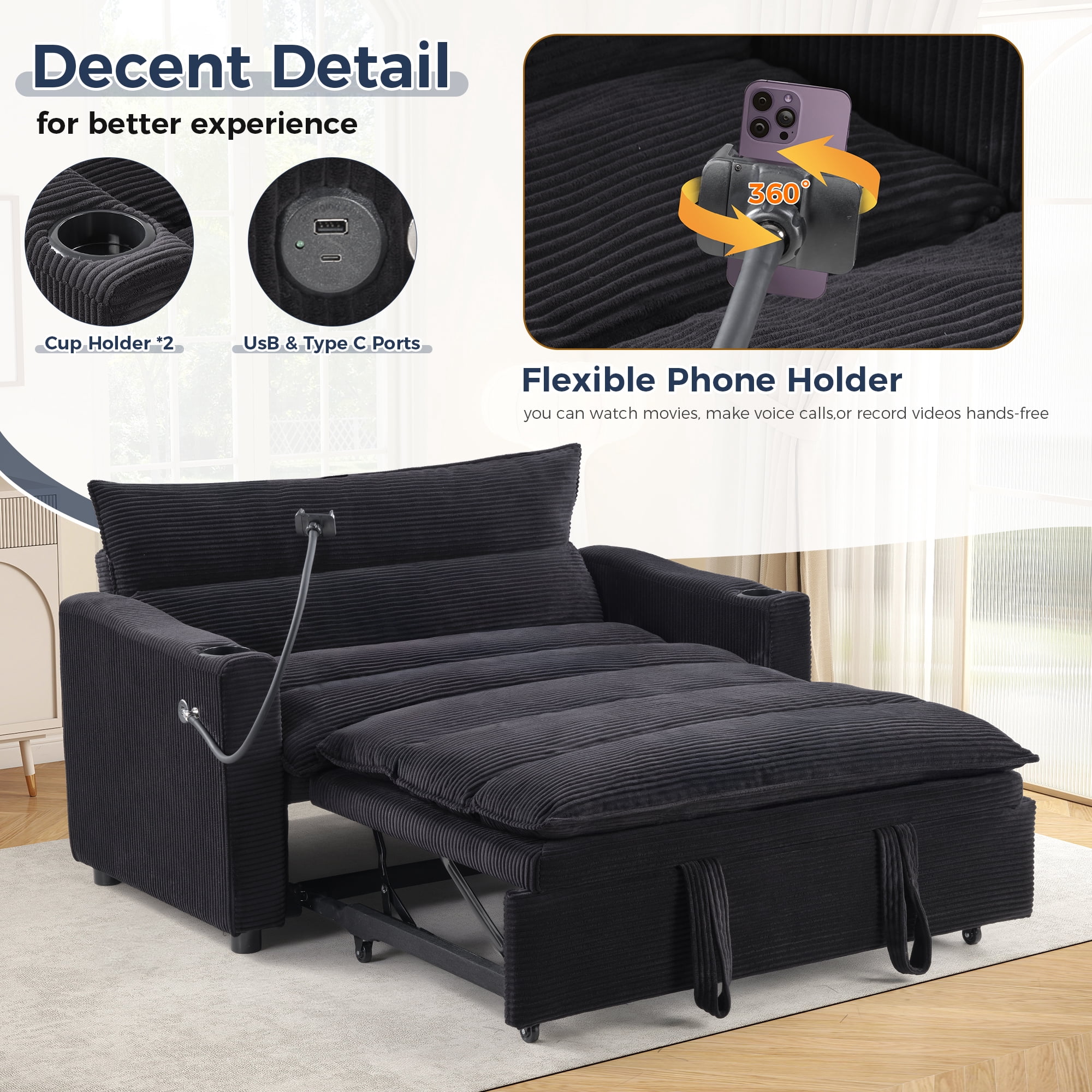 Ebello 3-in-1 Sleeper Sofa Bed, Corduroy Convertible Pullout Futon Couch with Adjustable Backrest, Phone Holders & USB Ports for Apartment, Small Space, 2-Seat(Black)