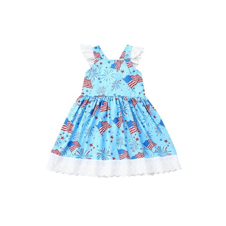 

Amuver Toddler Girls 4th of July Dress Patriotic Sleeveless Lace Trim Ruffle Independence Day Dress