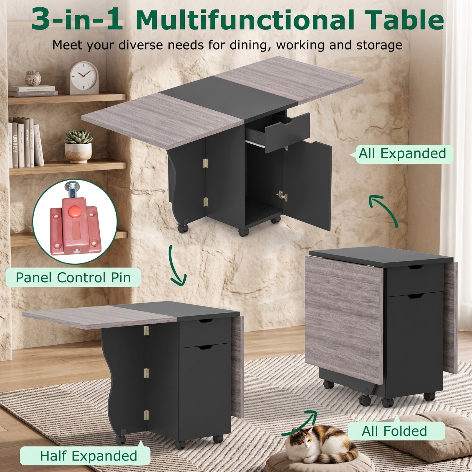 Furnibear 3-in-1 Folding Dining Table, Space-Saving Drop Leaf Kitchen Table with Storage Drawers, Cabinet & 6 Lockable Wheels for Small Spaces, Black