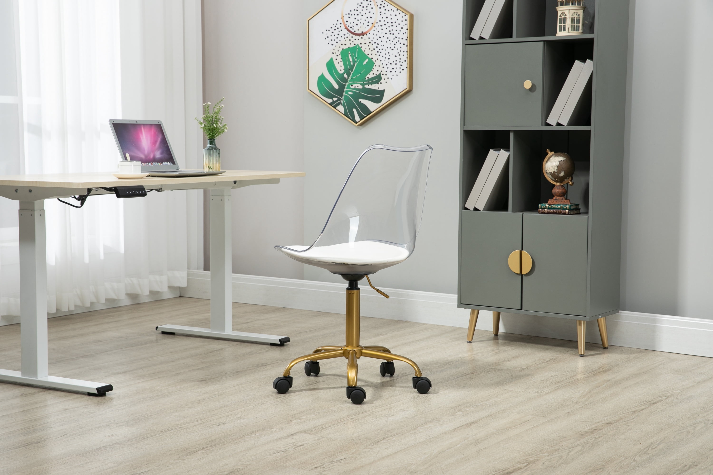 Luccalily Clear Acrylic Rolling Chair With Cushion,Modern Small Cute Armless Vanity Rolling Plastic Chair Home Office Lucite Ghost Chairs Cushion Padded with Adjustable Height and Golden Wheels