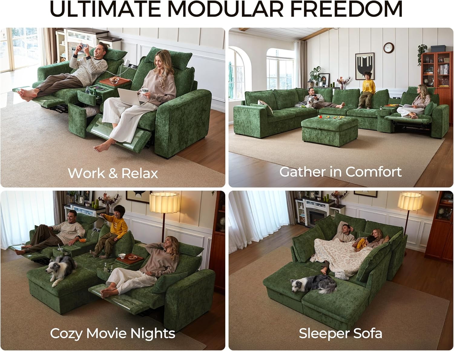BEDEEP 125'' Power Recliner Sofa with Headrest, Modular Cloud Sectional Chenille Reclining Couch with Storage Ottoman Chaise, Convertible 4-Seater Sofa Couch for Living Room RV, Green