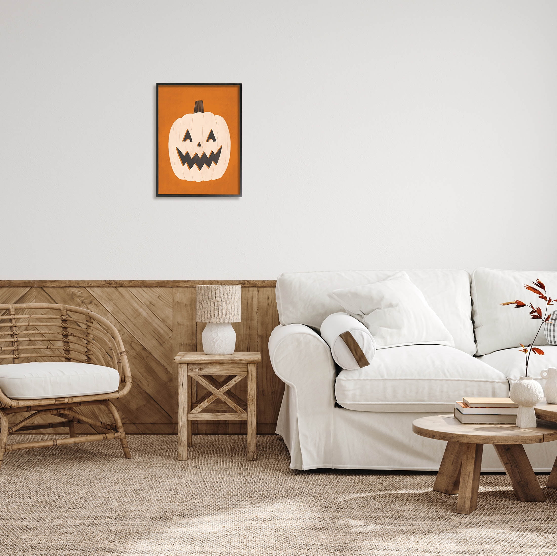Stupell Industries Happy Jack-o-Lantern Halloween Pumpkin Graphic Art Black Framed Art Print Wall Art, Design by Loni Harris