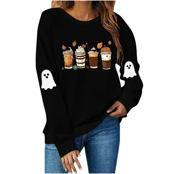 Jsaierl Women's Halloween Sweatshirts Plus Size Pumpkin Ghost Print Sweatshirt Trendy Crewneck T-shirt Long Sleeve Tunic Pullover Tops Halloween Costumes