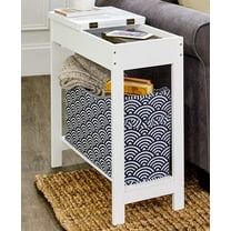 Narrow Wood Side Table with Flip-Top and Fabric Storage Bin