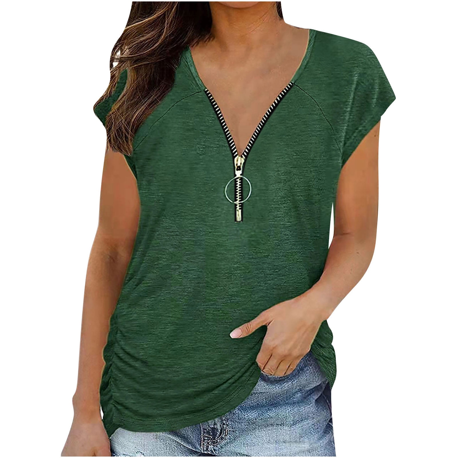 v neck zip front womens tops