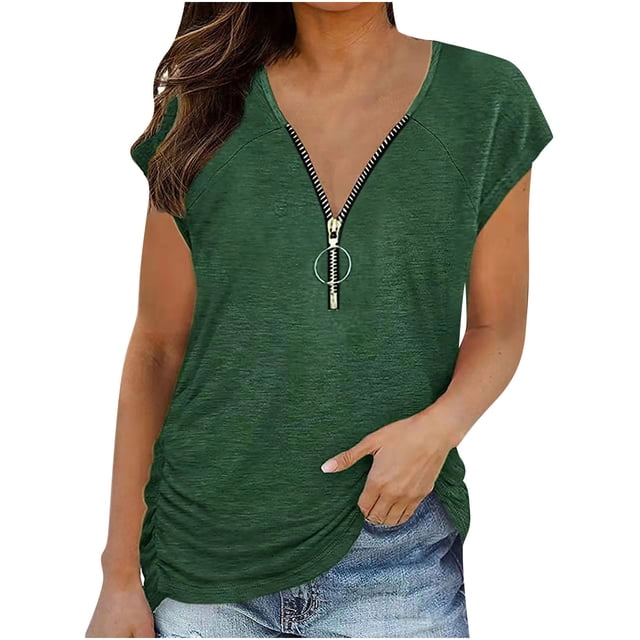 Sudaderas ligeras de manga corta con cremallera de verano para mujer Tops de cobertura de color sólido Pompotops hkajfhjk470007